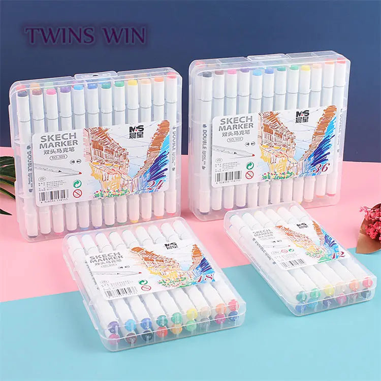 Factory Hot Selling 12 Colors Double End Art Marker Set Portable Box Design Smooth Ink Durable Painting Supplies 059