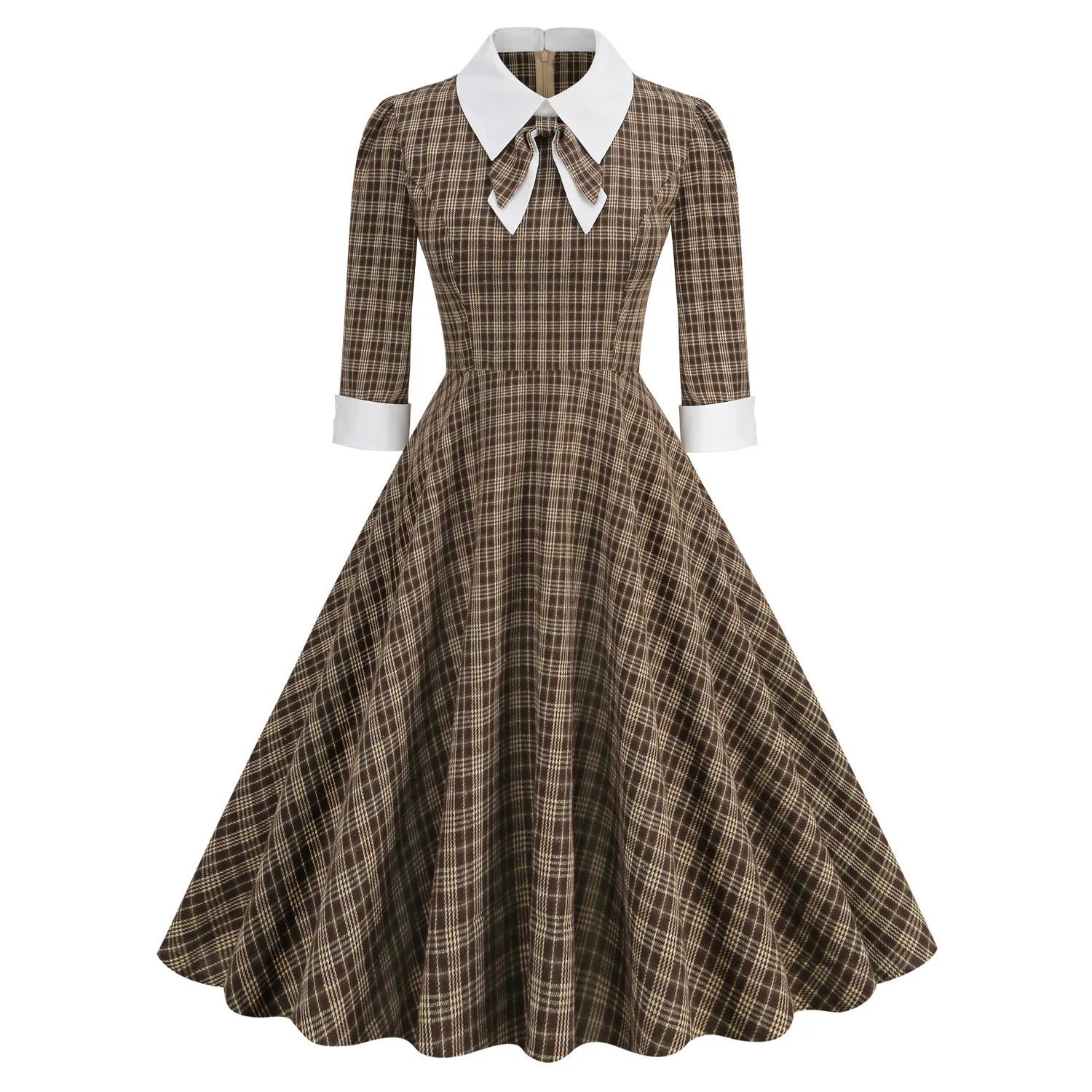 Fashion Spring Plaid Printed Elegant Long Sleeve Midi Dress 1950s Retro Vintage Shirt Dresses