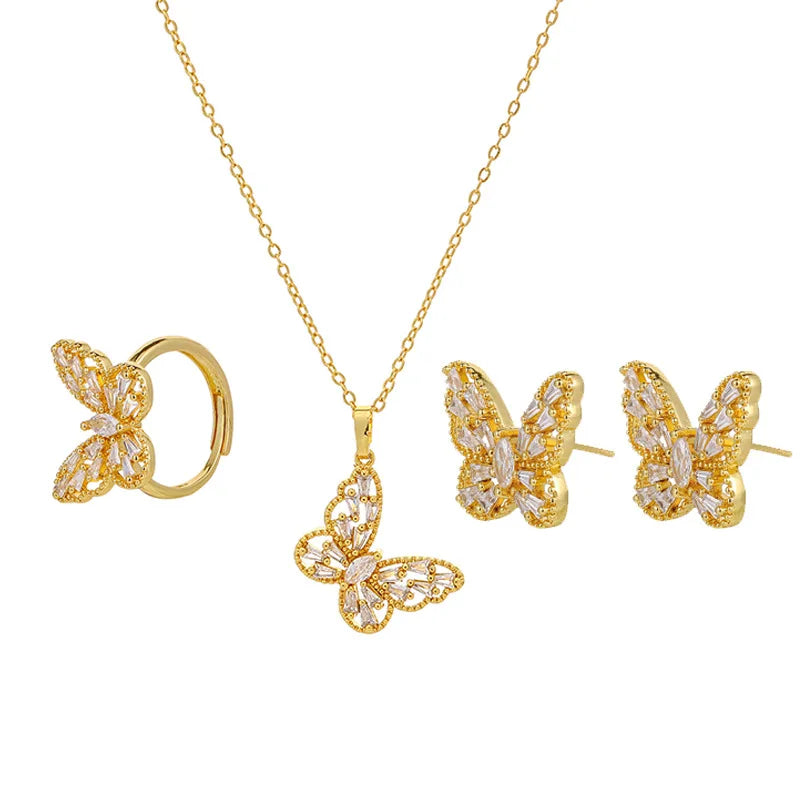 Spring Summer Fashion Butterfly Style Inlaid Zircon Necklace Set Brass Gold Plated Light Luxury Temperament Jewelry