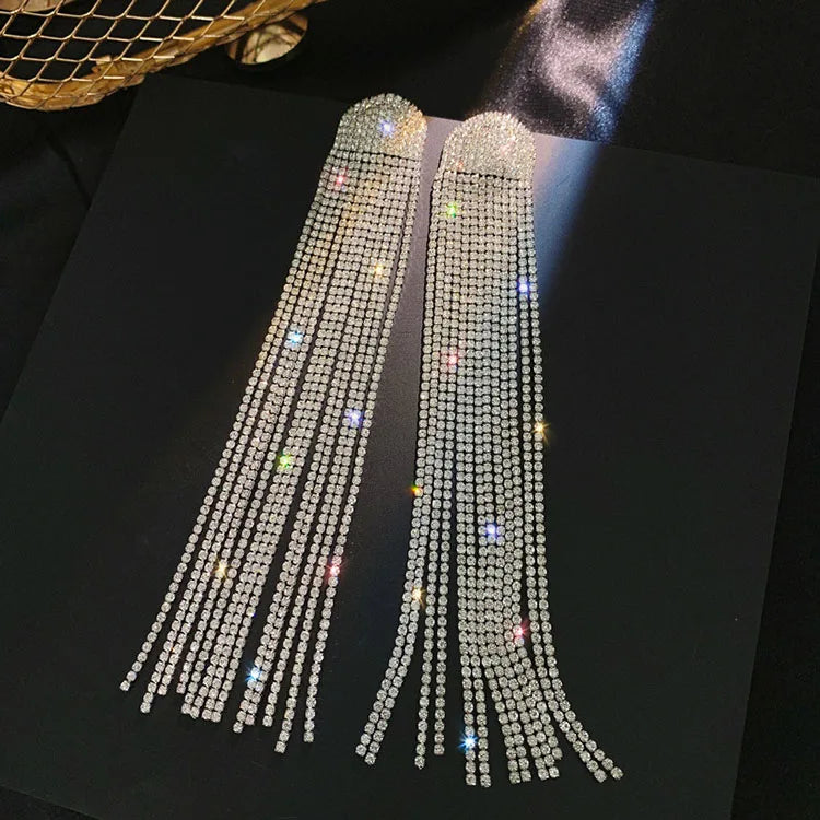 SC European and American Multilayer Tassel Earrings Silver Gold Plated Drop Earrings Full Crystal Earrings for Party