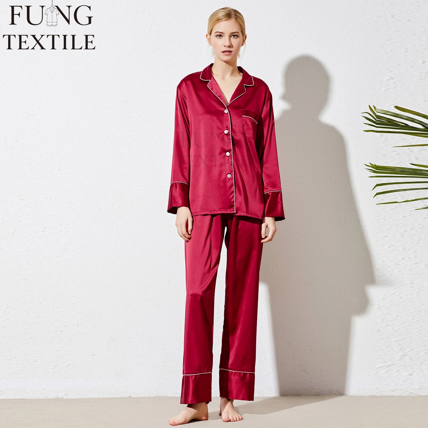 Fung 6001 Women's Plus Size Simple Solid Satin Pajamas Set with Long Sleeve and Ankle-Length Pants Plain Dyed Hot Style
