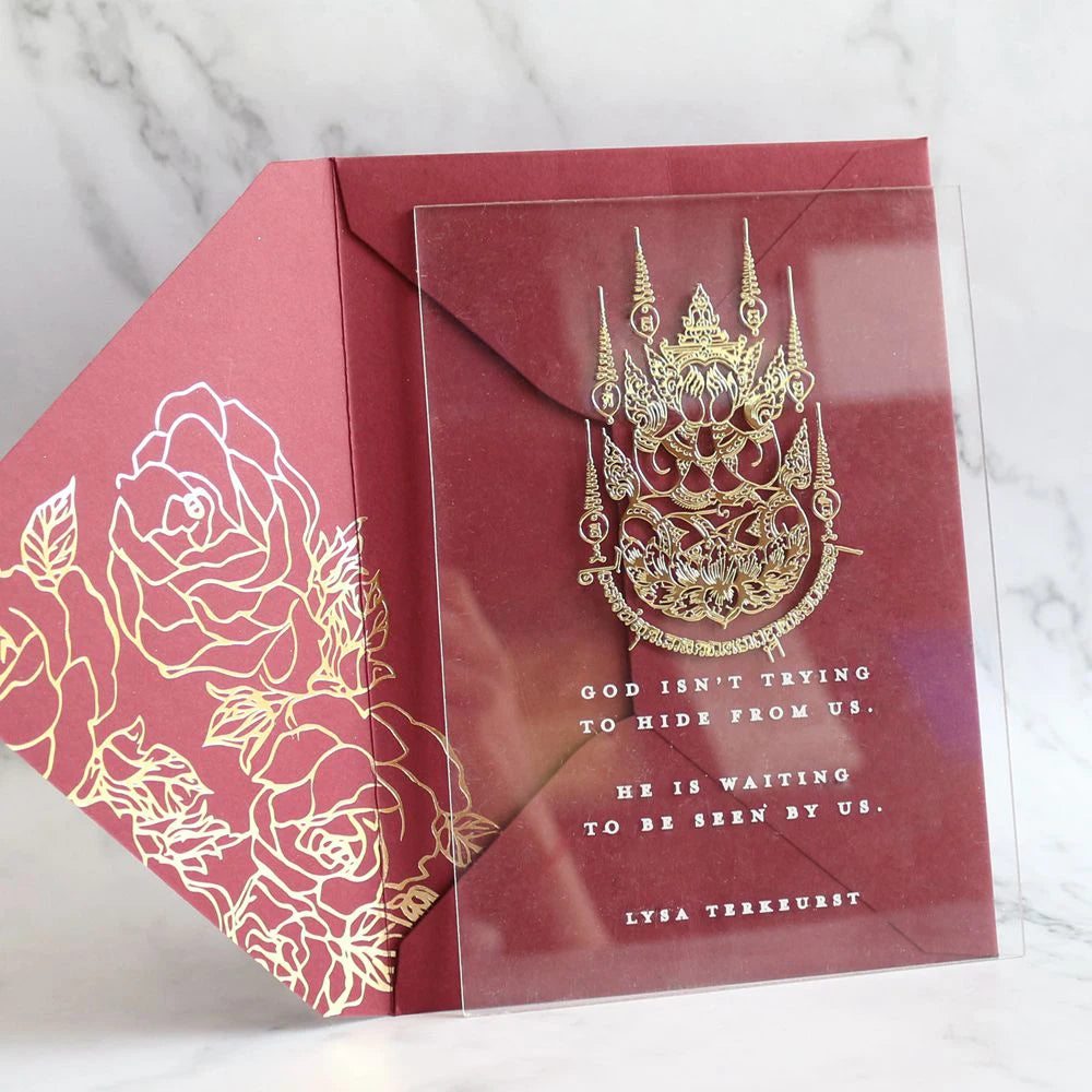 Royal Classy Invitation Transparent Acrylic Card Acrylic Wedding Invitation Buddhism Gold Foil Paper Glitter Liner Envelope