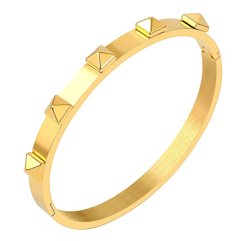 Waterproof Stainless Steel 18K Gold Plated Rivet Pyramid Charm Bracelets Bangles for Women Wedding Jewelry Gift