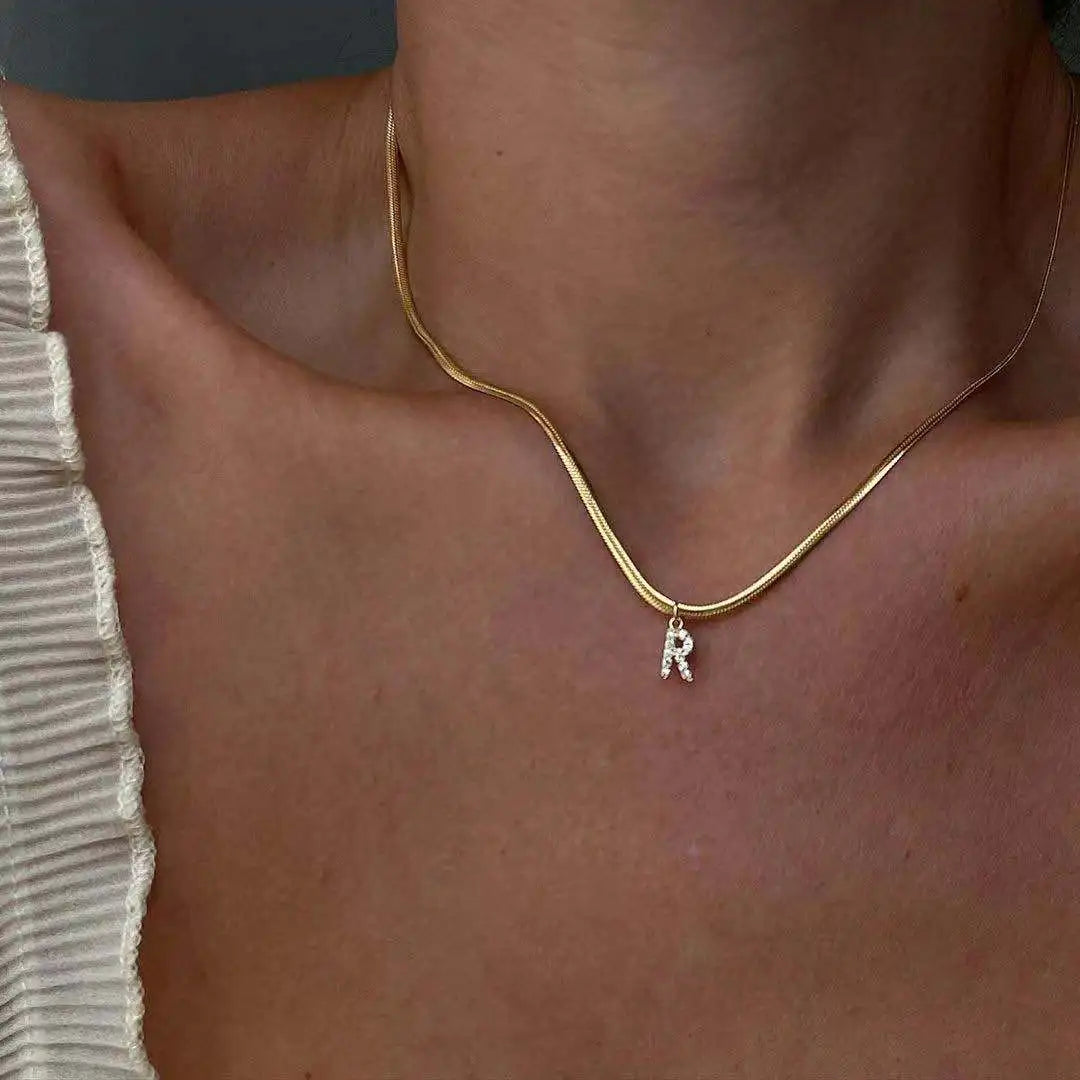 Trendy Real Gold Plated A-Z Initial Letter Necklace Snake Bone Clavicle Chain Custom Name Alphabet Pendant Cubic Zircon Necklace
