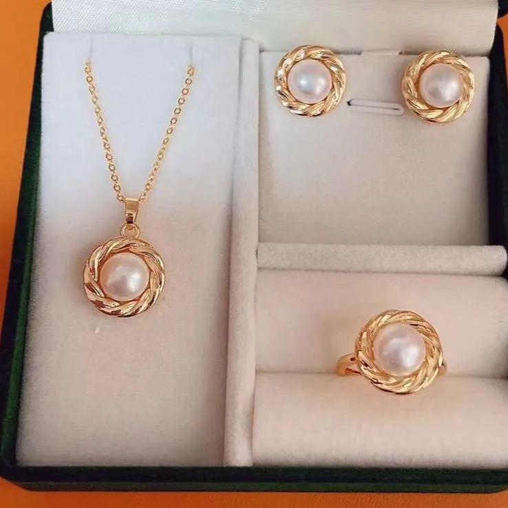 Trendy Women's Gold Plated Freshwater Pearl 8.5-9mm Necklace Earrings Ring Set 40cm Three-Piece Twist Design