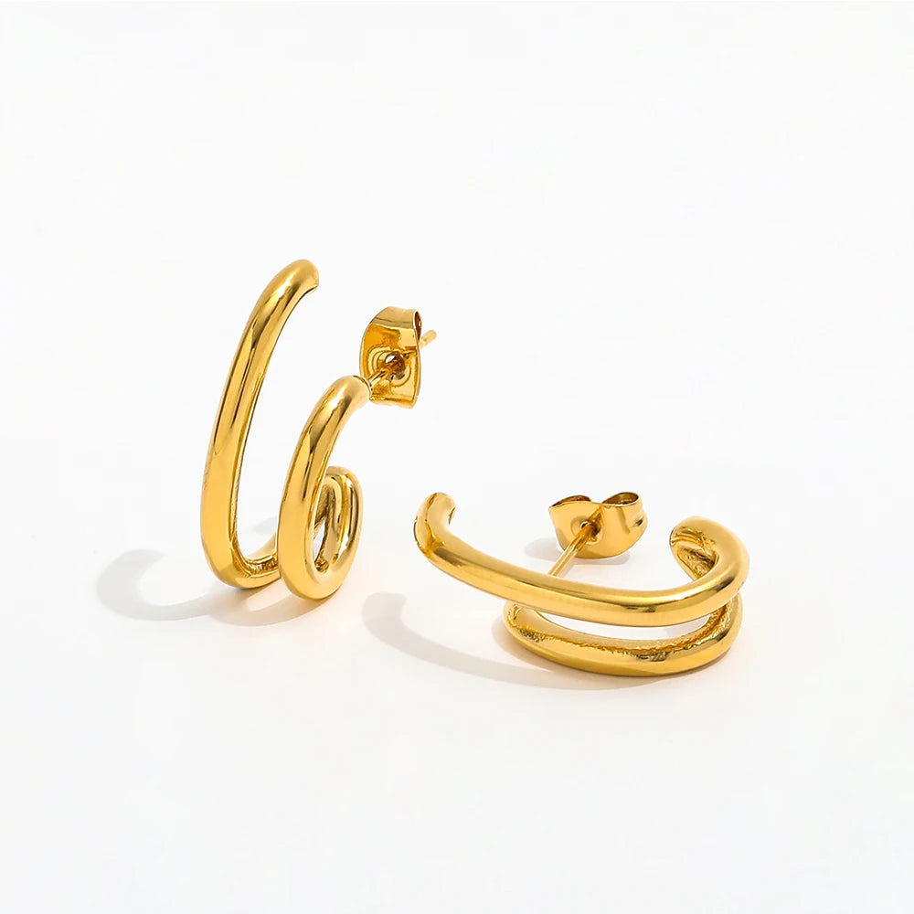 Joolim 18K Gold Plated Wholesale Waterproof&No Fade Fashion Double Layer C-shaped Hoop Earring Stainless Steel Jewelry