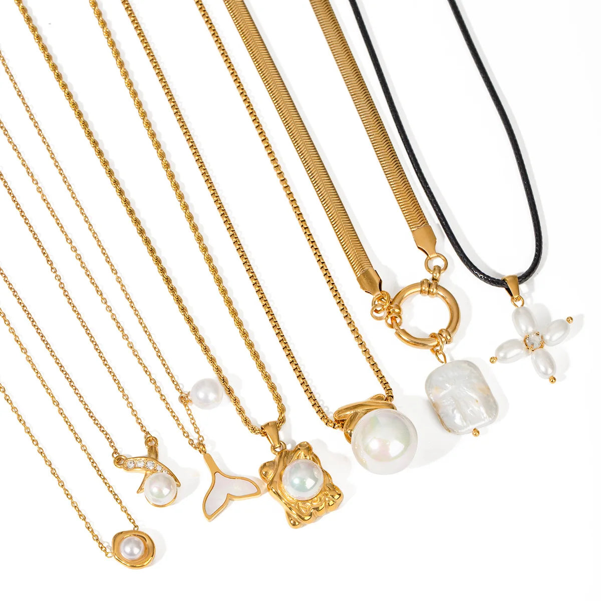 18K Gold Plated Stainless Steel Pearl Pendant Necklace for Women Fashionable Sea Beach Daily Cross Jewelry Link Chain for Gift