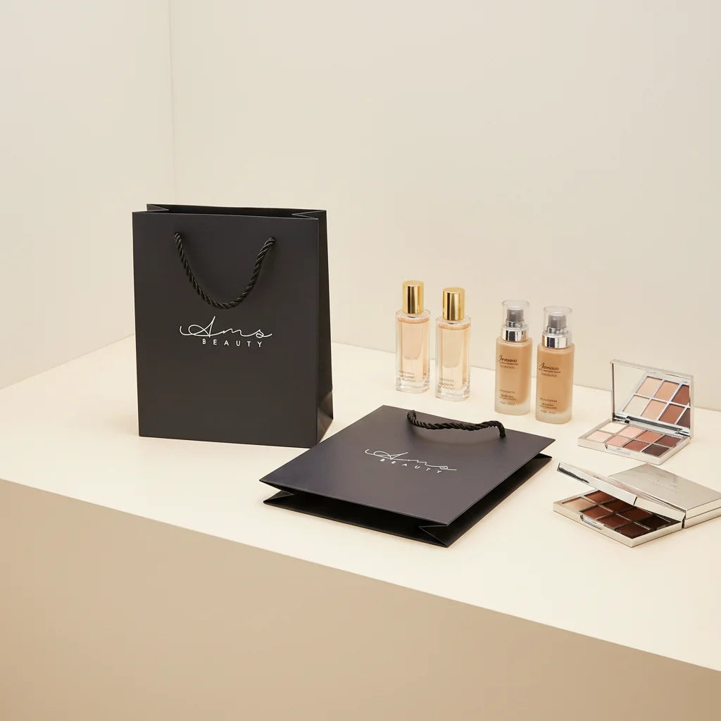 Custom Logo Recyclable Black Cardboard Paperboard Shopping Gift Bags Silver Foil Logo for Cosmetics Perfume Foundation Candle