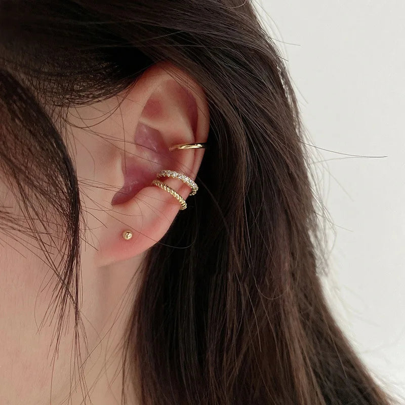 GT 2024 Simple Copper Ear Cuff Gold Earrings 3Pcs C Shaped Ear Clips 14K Gold Plated Cubic Zirconia Ear Cuffs Earrings for Women