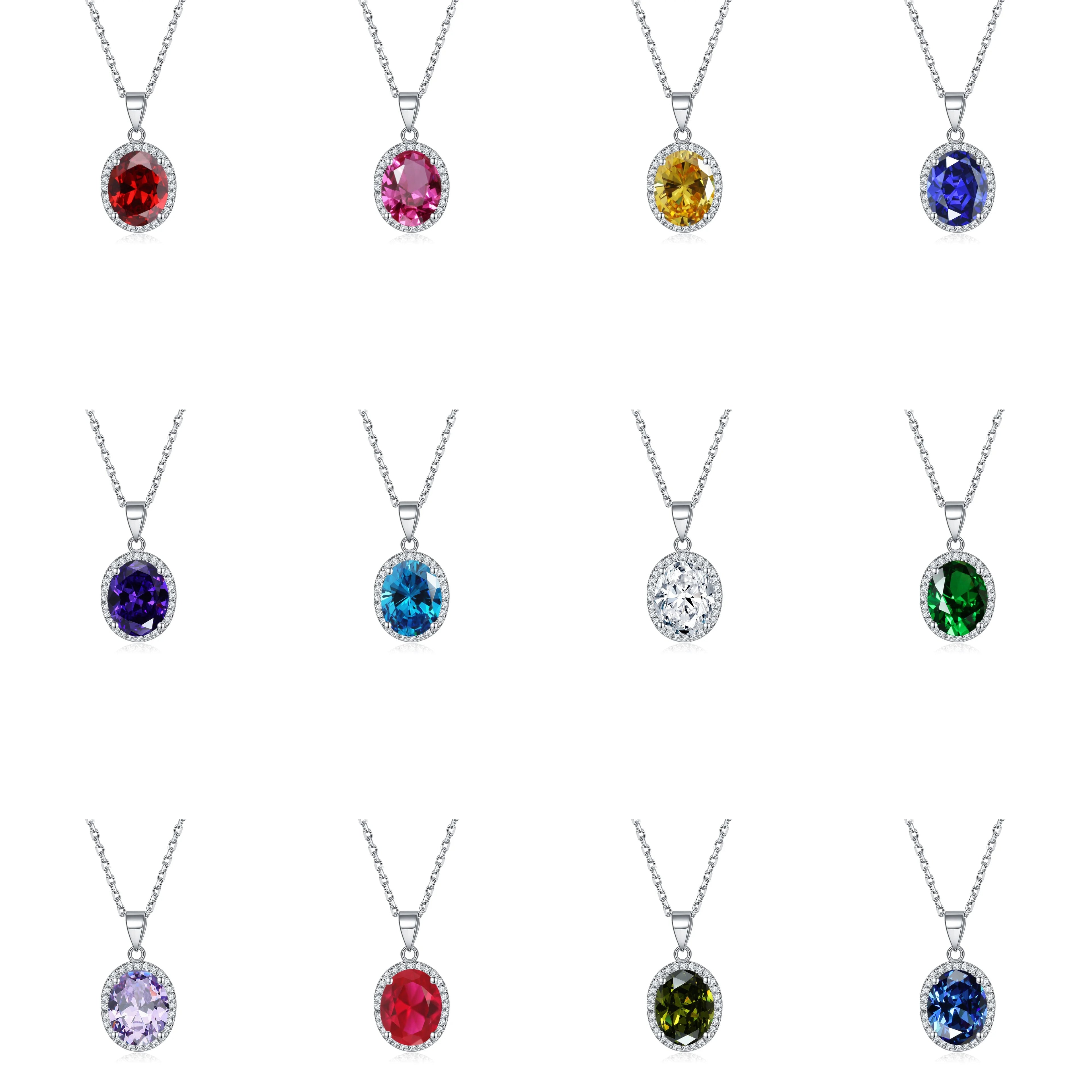 Stylish Oval 925 Sterling Silver Gemstone Pendant Exquisite 12 Birthstone Necklace for Women