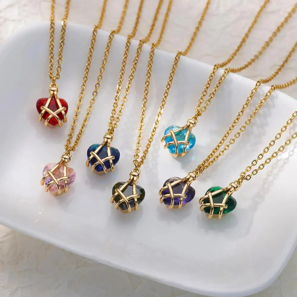 China Wholesale Price Stainless Steel Jewelry Necklace Multi-color Heart Crystal Zircon Diamond Castle Necklace Gift for Mom