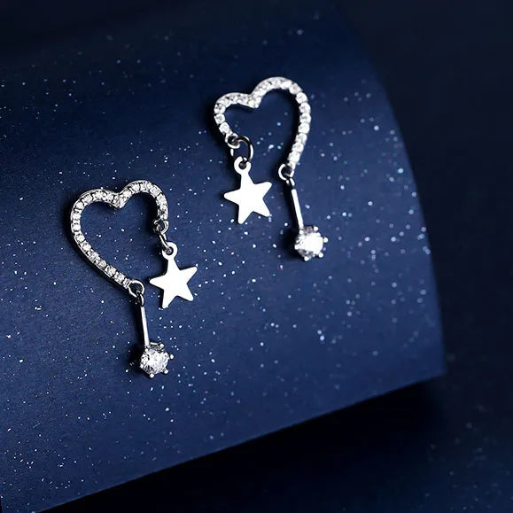 New CZ 925 Sterling Silver Earrings Jewelry Trendy Sweet Zircon Five Star Heart Shape Silver Earrings for Parties