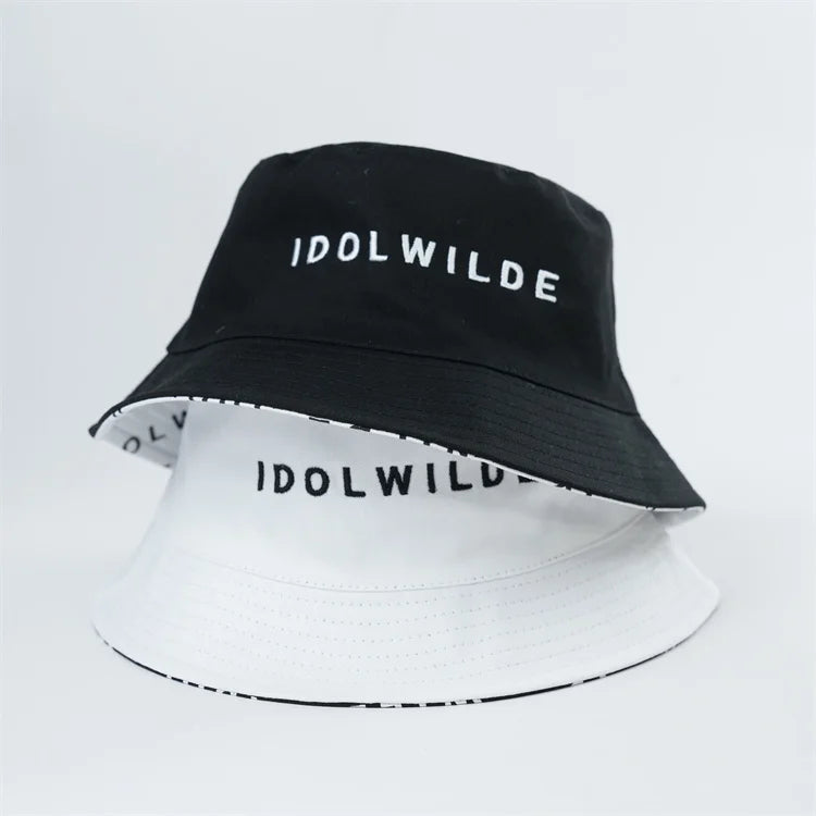 Two Side Bucket Hat One Side With Embroidery Logo on Front One Side With All Over Printed Logo Reversible Bucket Hat