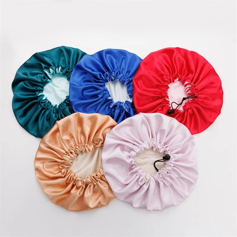 Double Layer Satin Silk Sleep Cap Reversible and Adjustable Night Cap with Elastic Band