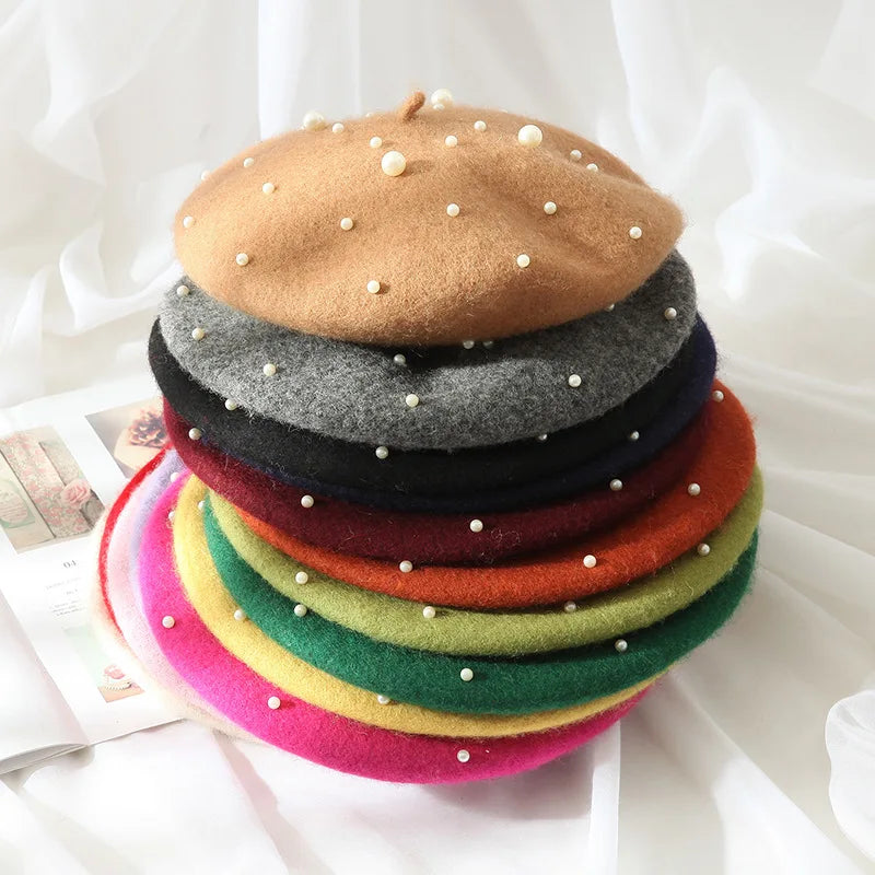 Premium Quality Hot Sale Warm Pearl Embellished Wool Beret for Women and Girls