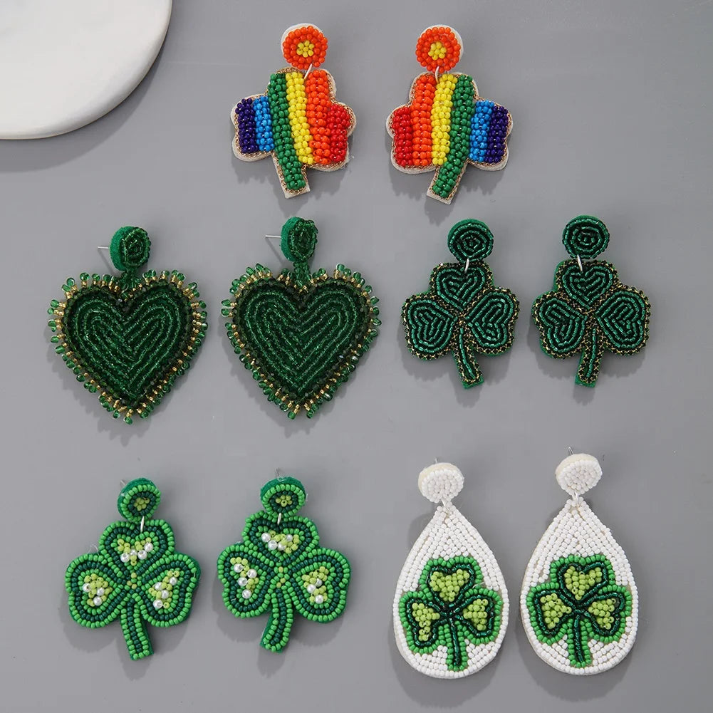 St Patrick's Day Trendy Green Clover Heart Rainbow Glass Beads Earring Women's Carnival Ireland Personality Jewelry Gift