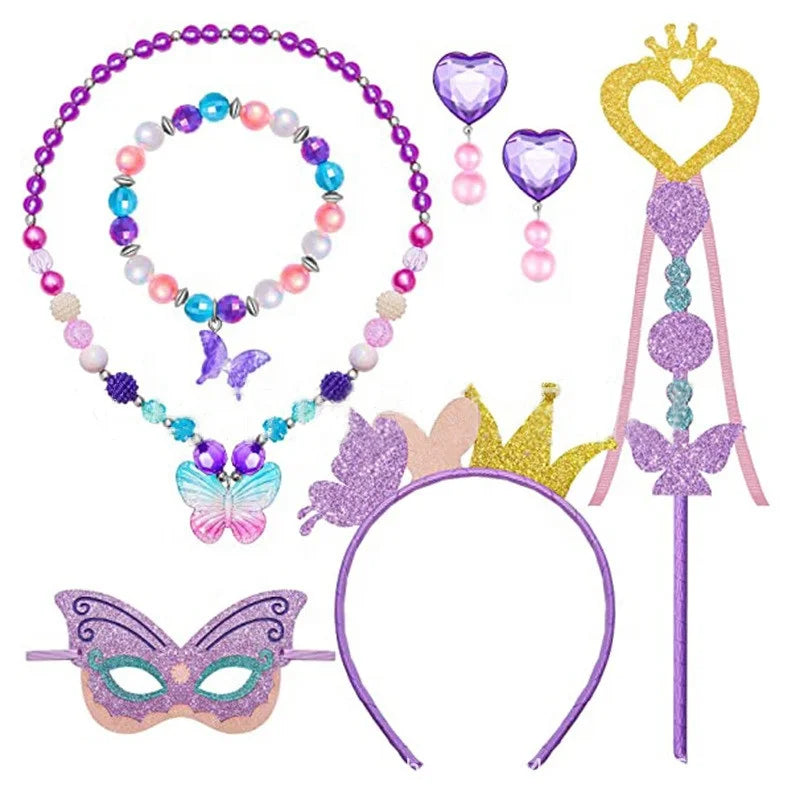 6pcs Kids Butterfly Fairy Dress Set With Mask Wand Earrings Necklace Hair Band for Cosplay Promotional Party Supplies