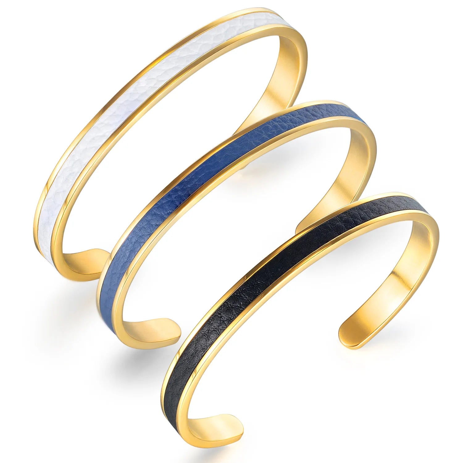 Fashion Stainless Steel C Shape Opening Creative Men's Titanium Steel Leather Cuff Bangle Jewelry