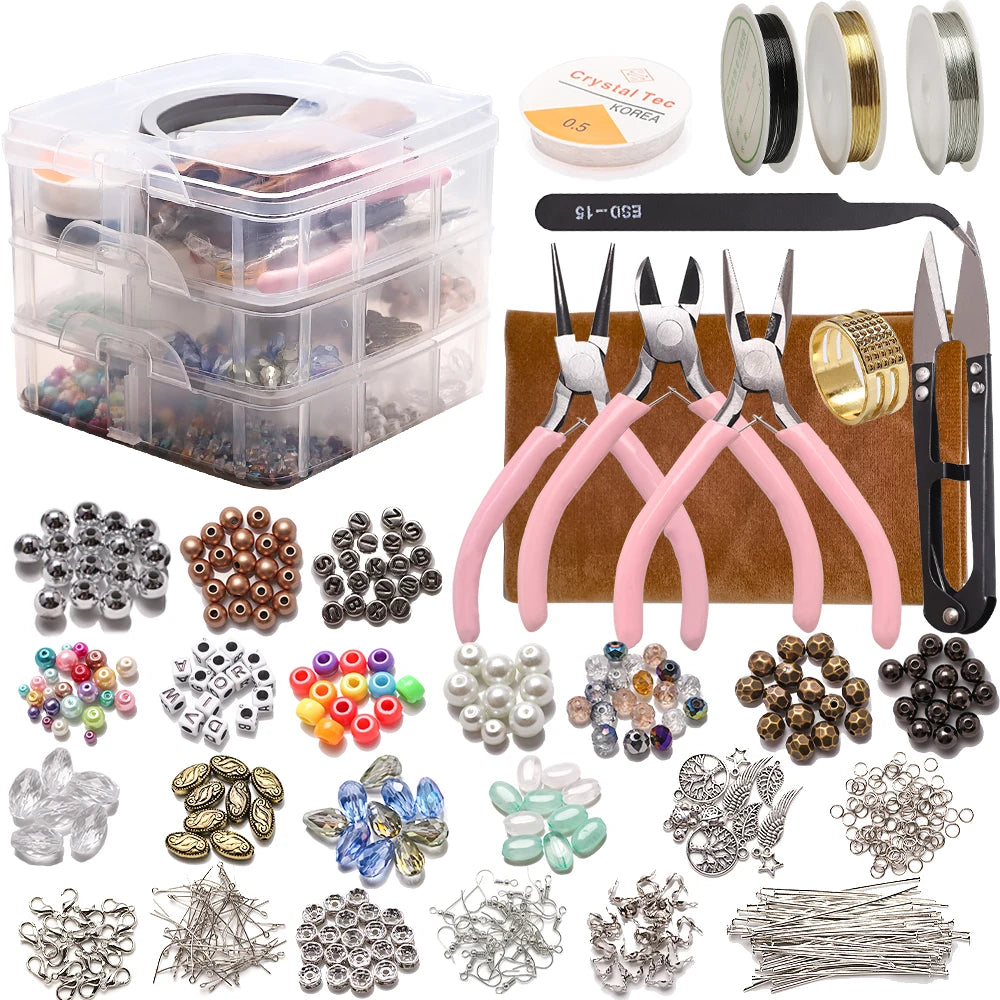 Jewelry Findings Box Set 3 Layers Crystal Glass Seed Beads Alloy Spacer Bead Acrylic Alphabet Beads for Jewelry Making Adults