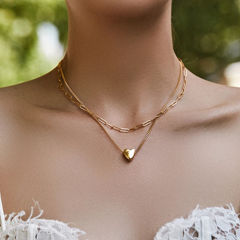 18K Gold Plated Layered Heart Pendant Necklace for Women Paperclip & Cable Link Necklace Romantic Jewelry for Daily Wear