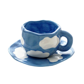 Solhui Hand-made Hammered Blue Cloud Coffee Mug Saucer Set Ceramic Afternoon Cup Set