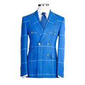 Blue Stripe Plaid Men Suits 2 Pieces Peaked Lapel  Groom Tuxedos for Wedding Jacket Pants Formal Business Party Prom Blazer