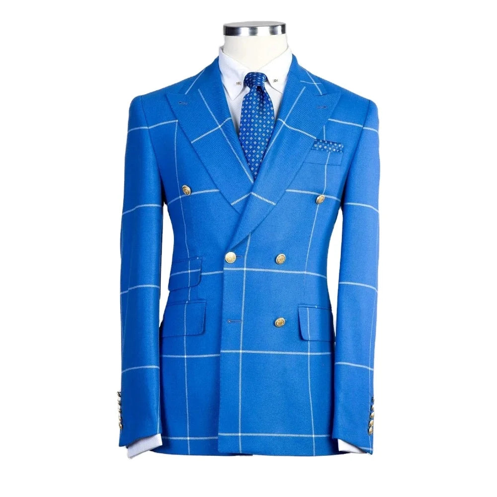Blue Stripe Plaid Men Suits 2 Pieces Peaked Lapel  Groom Tuxedos for Wedding Jacket Pants Formal Business Party Prom Blazer