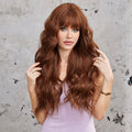 Factory Wholesale Long Wavy Brown Wig with Bangs Curly Synthetic Wigs for Women Copper Brown Wigs for Daily Cosplay