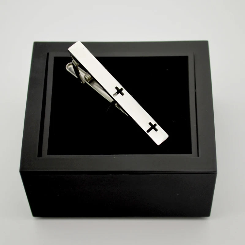 Silver Brass Thick Plated Laser Logo Cross Men's Tie Clip-Business & Wedding Engagement Anniversary Gift