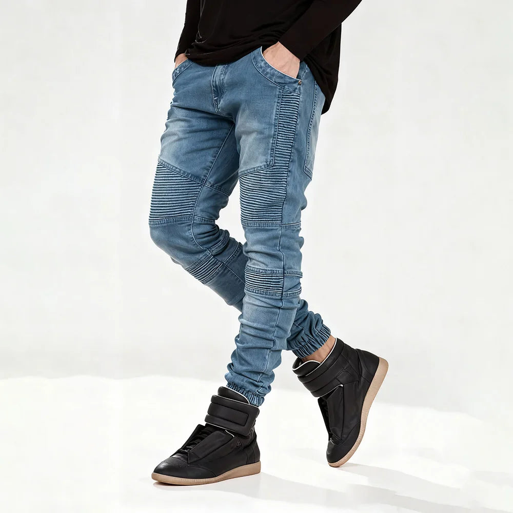 Fitspi Wholesale Fashion Motorcycle Pants Hot Sale Pleated Slim Fit Skinny Elastic Jeans