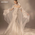 100% Real Photos Luxury Lace Mermaid Wedding Dress With Detachable Long Sleeves Bolero Pearls Bridal Gowns Lsmx048