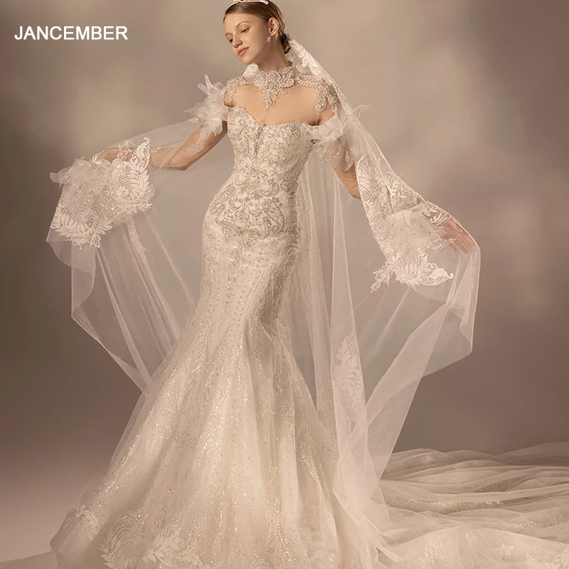 100% Real Photos Luxury Lace Mermaid Wedding Dress With Detachable Long Sleeves Bolero Pearls Bridal Gowns Lsmx048