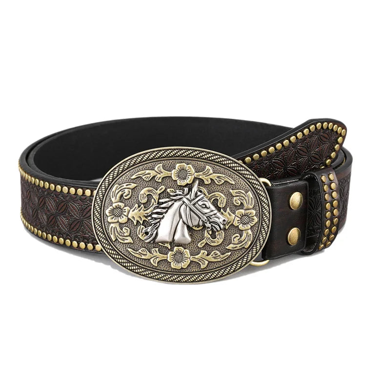 Men's Western Embossed PU Leather Brown Cowboy Horse Pattern Floral Engraved Buckle Adjustable Length Belt