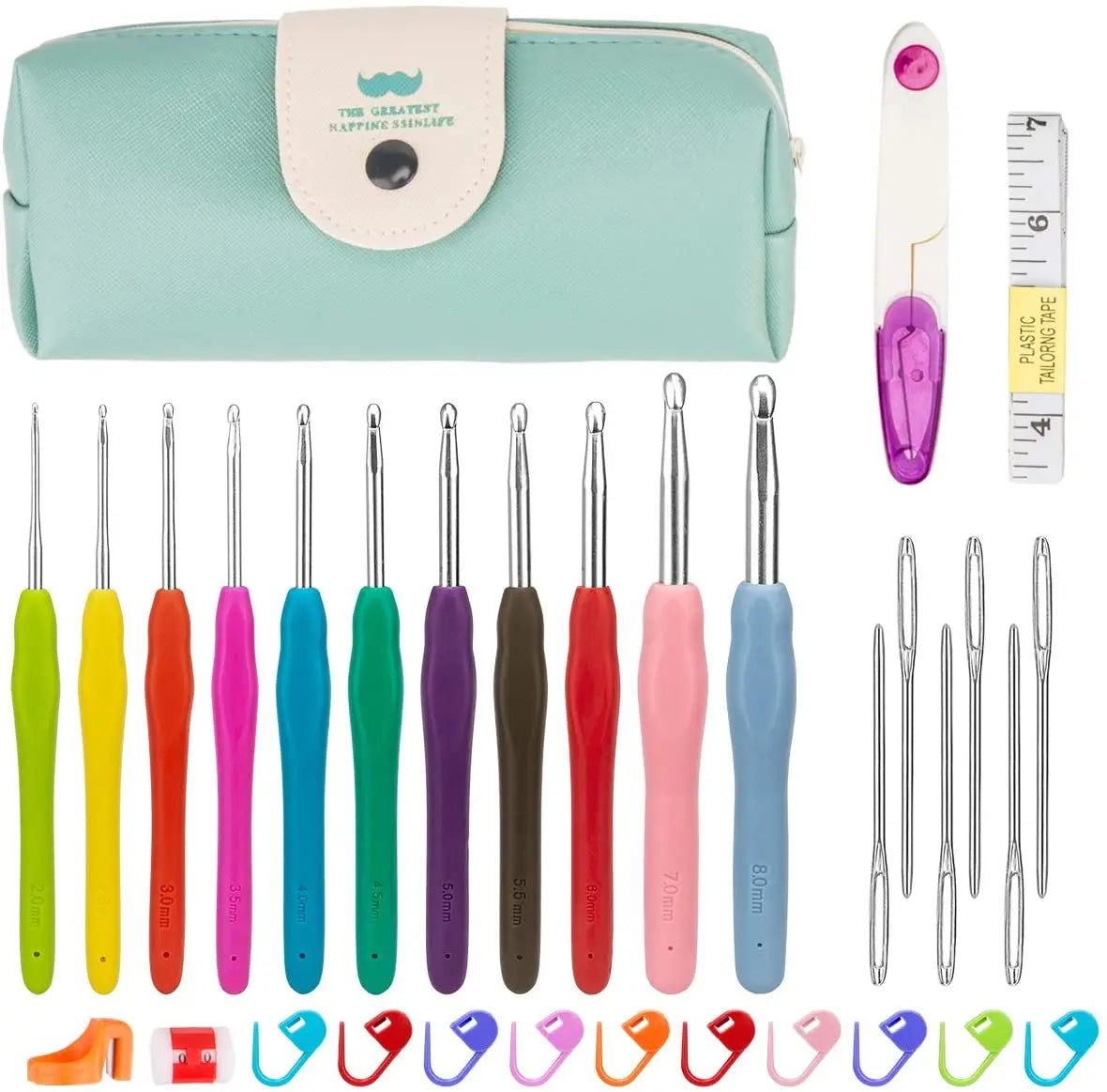 Hot Sell Aluminum Colorful Ergonomic Soft Rubber Comfort Grip Crochet Hook Knitting Needles Kit With Portable Bag