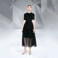 ODM Custom Autumn and Winter Black Beaded Short Sleeved Pleated Skirt Ladies Women Clothing Dress