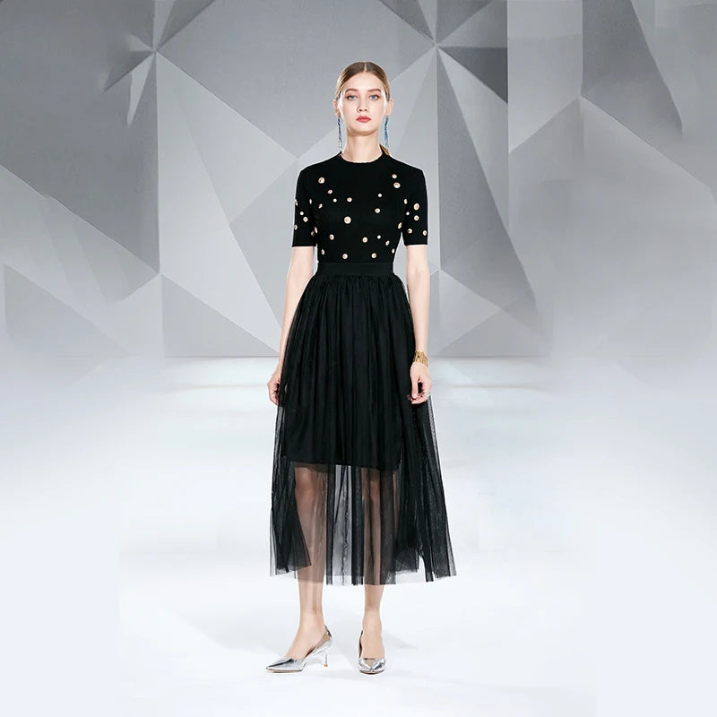 ODM Custom Autumn and Winter Black Beaded Short Sleeved Pleated Skirt Ladies Women Clothing Dress