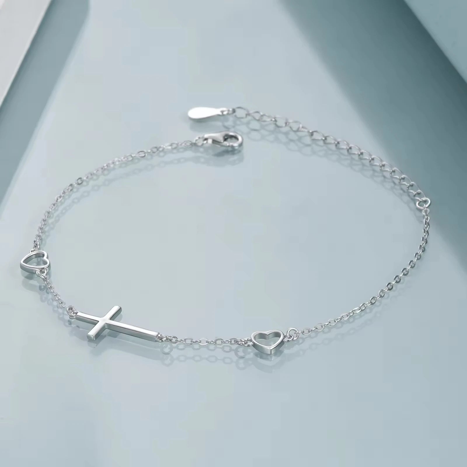 YFN Religious Jewelry 925 Sterling Silver Rhodium Plated Cross Heart Link Chain Bracelet