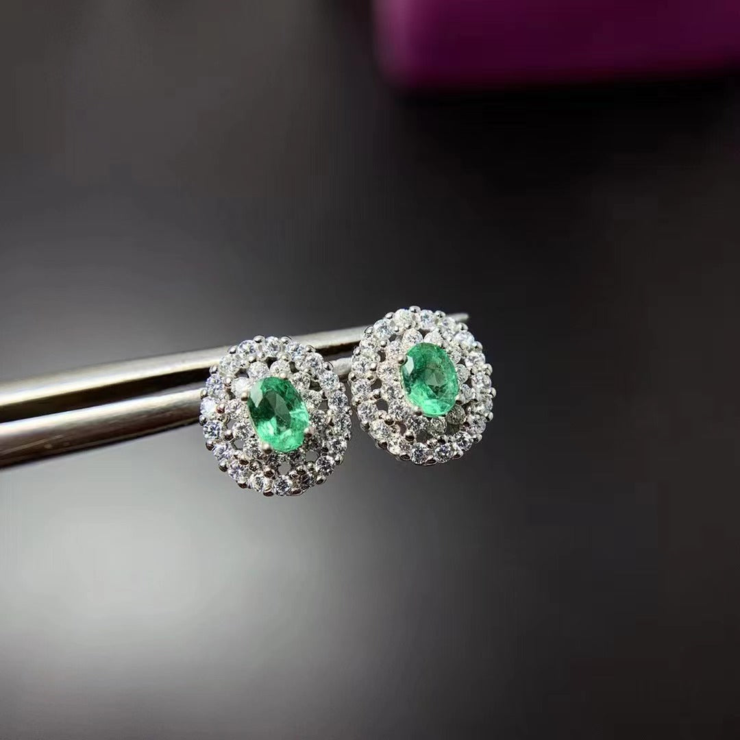 Handmade 3x4mm Natural Emerald Oval Stud Earrings 925 Sterling Silver Rhodium Plated Trendy Jewelry for Women Gift