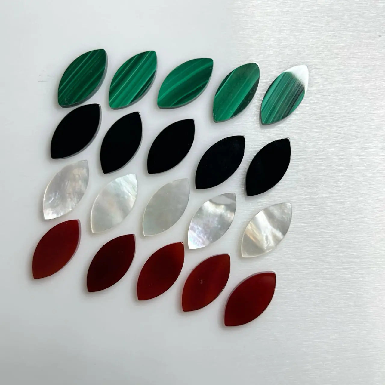 Double Flat Marquise Cut 7x14.3x2mm Natural White Mother of Pearl Shell Black Onyx Green Malachite Red Carnelian Leaf Gemstone