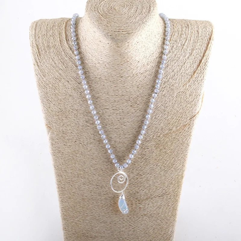 New Women Boho Drop Gemstone Pendant Necklace 6mm Crystal Beads Knotted Stone Eggphant Pendant Necklace