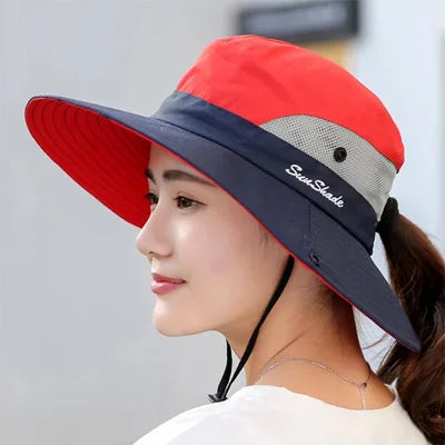 Fashion Women Bucket Hat Summer Big Brim Sun Hat Foldable Fishing Ponytail Cap Outing Sun protection Basin Hat