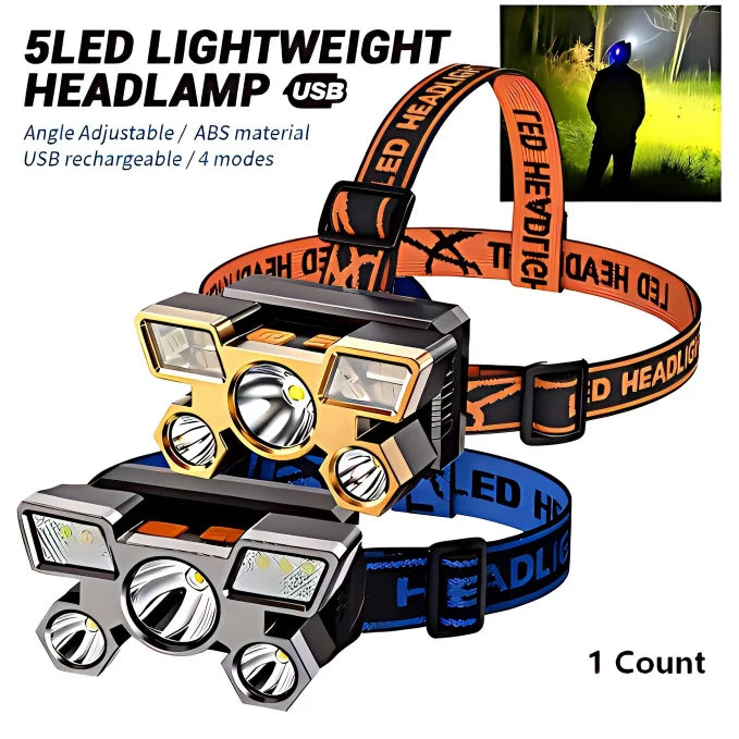 5 LED USB Rechargeable Portable 4 Modes Super Bright 3LED+6SMD LED Night Headlamp for Outdoor Fishing & Camping
