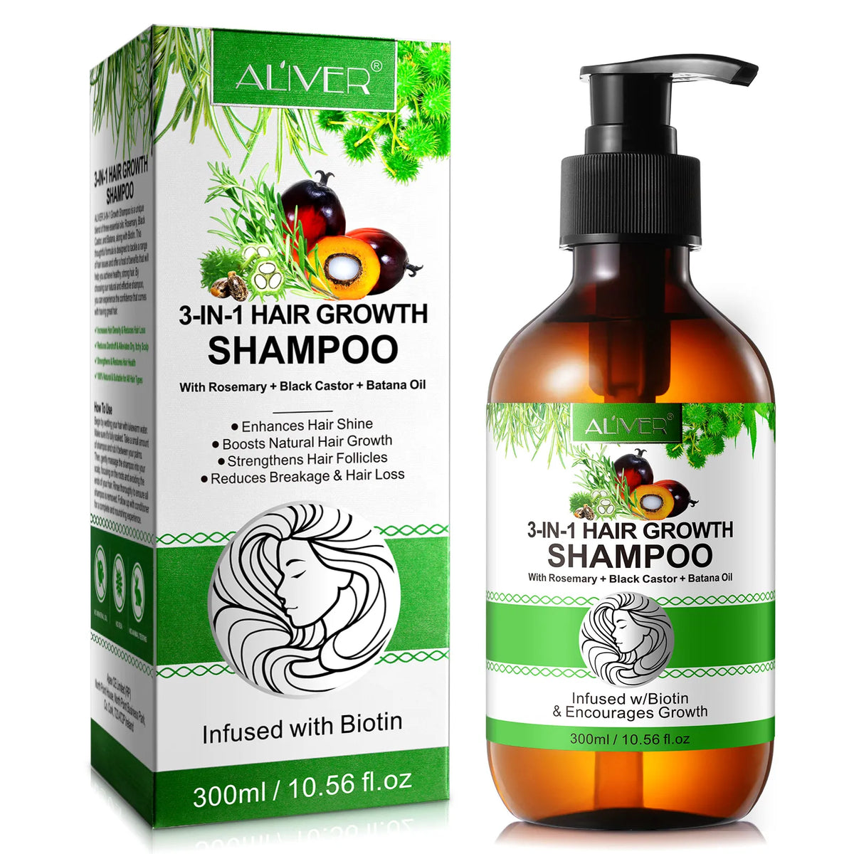 ALIVER Private Label Enhances Hair Shine Organic Biotin Low Moq Jamaican Black Castor Batana Rosemary Oil Hair Growth Shampoo