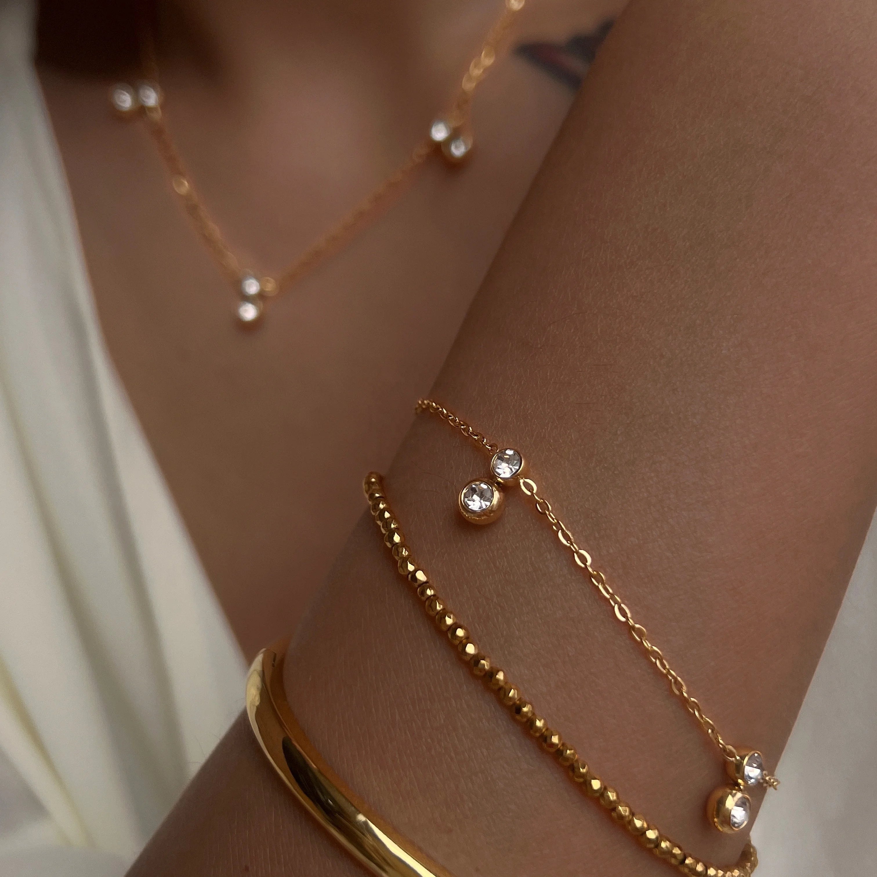 2025 Dazan New Ins 18k Gold Plated Tarnish Free Stainless Steel White Zircon Pendant Link Chain Jewelry Set Necklace for Women