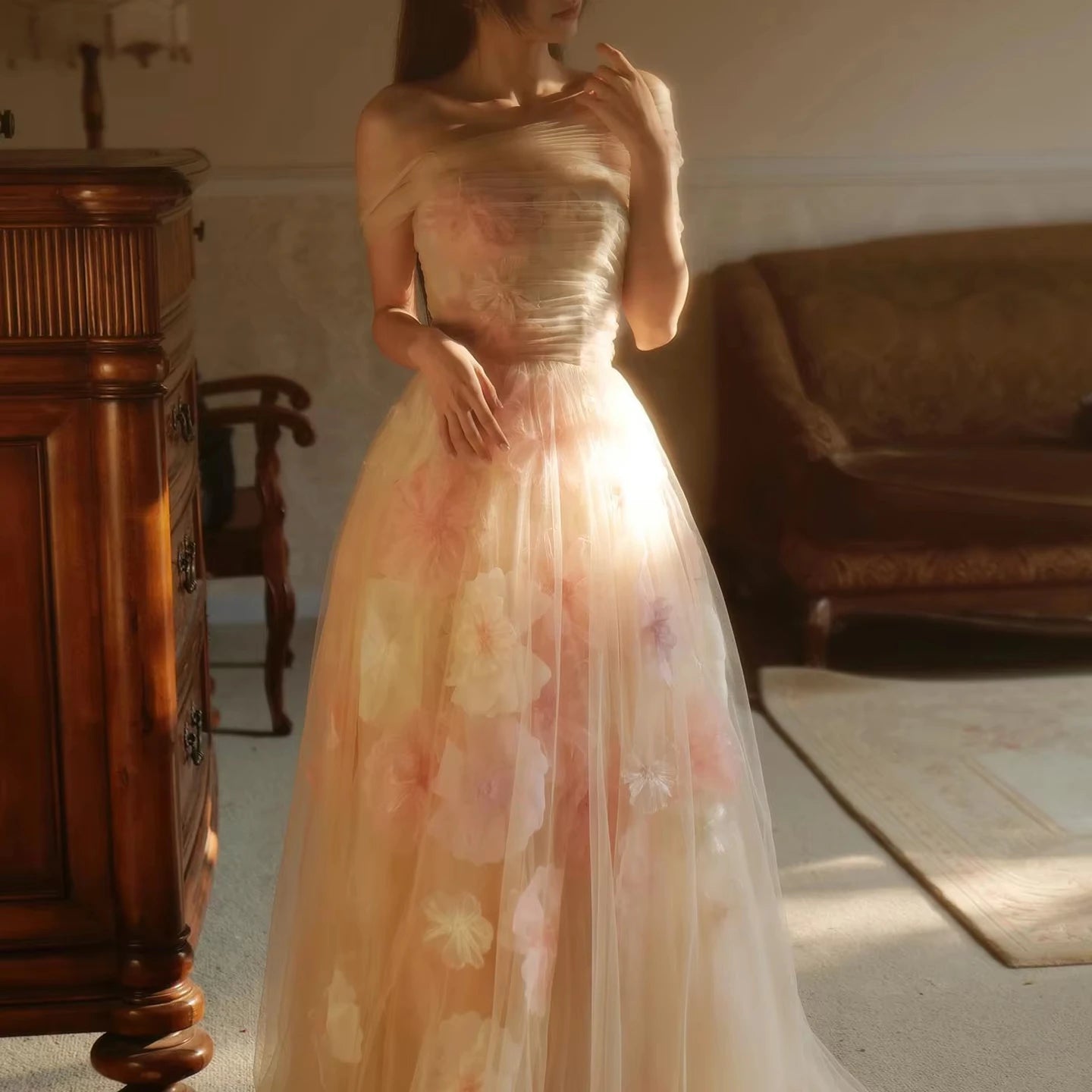 Elegant Off Shoulder Pink 3D Flowers Champagne Evening Dress With Straps Arabic Long Women Wedding Party Gowns Lsz321