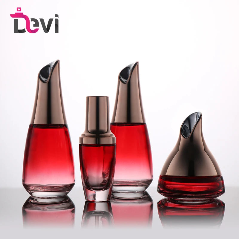 Devi Luxury Empty 100ml Cosmetic Glass Cream Jars with Hot Stamping Pump Sprayer Packaging