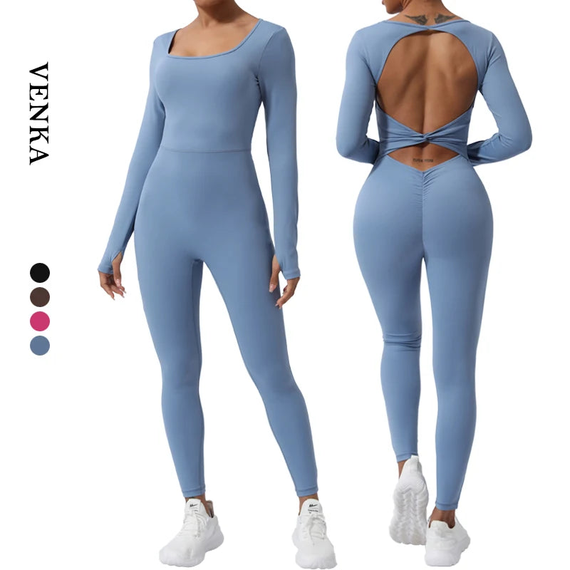 2024 Women's One-Piece Sports Yoga Romper Breathable Quick Dry Backless Long Sleeves Ankle-Length Hole Hip Lifting Tight
