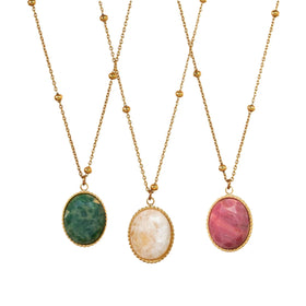Tarnish Free Gold Stainless Steel Oval Shape Natural Stone Charms Pendant Necklace with Thin Chain
