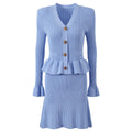 Fall Autumn Vintage French Style Lady Solid V-neckline Long Sleeve Women Knit Flounce Waist Slim Fitted Flared Hem Maxi Dress