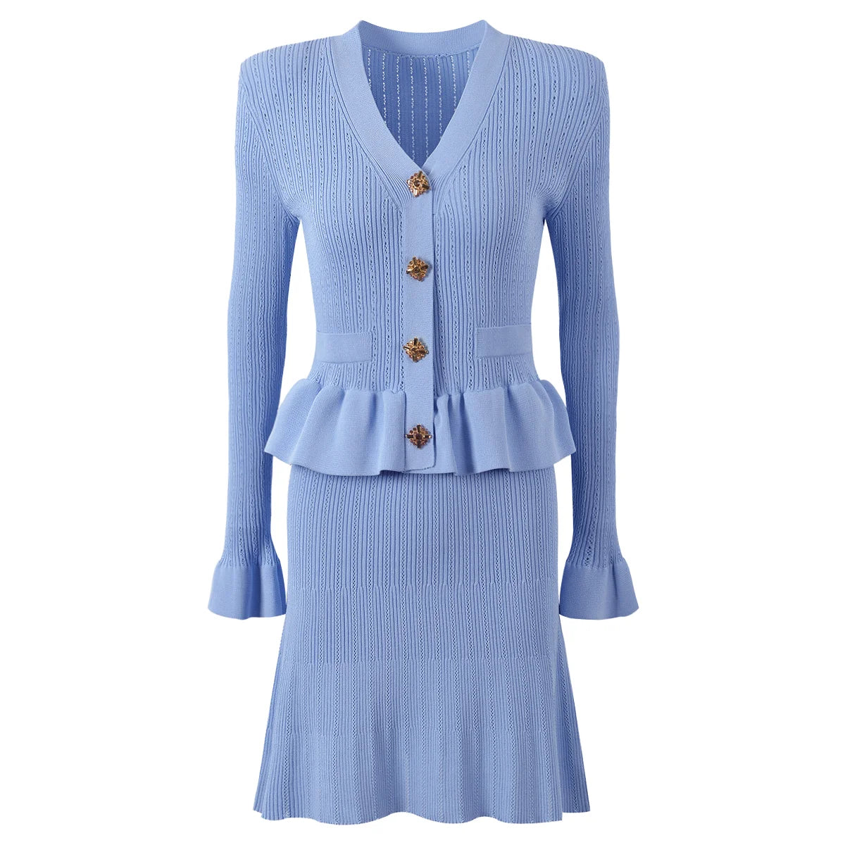 Fall Autumn Vintage French Style Lady Solid V-neckline Long Sleeve Women Knit Flounce Waist Slim Fitted Flared Hem Maxi Dress